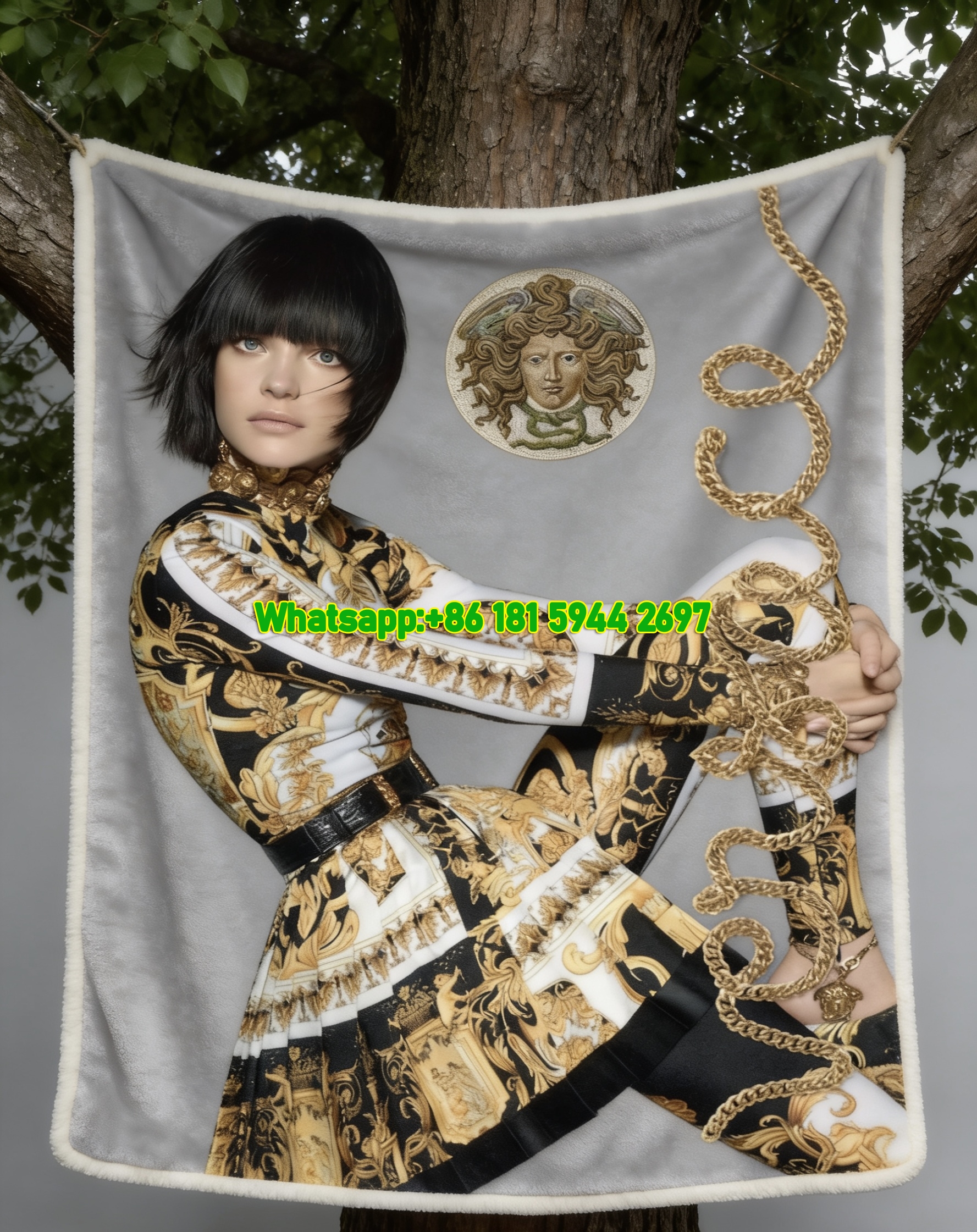 Versace Baroque Print Fashion Campaign Flannel Throw Blanket in Black Gold and White IMG_1590